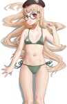  1girl absurdres beret bikini blonde_hair breasts collarbone eyebrows_visible_through_hair girls&#039;_frontline glasses green_bikini green_swimsuit hair_ornament hairclip hat highres kir_(khw66136132) long_hair looking_at_viewer lying navel on_back red_eyes small_breasts solo swimsuit type_80_(girls&#039;_frontline) white_background 