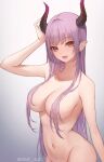  1girl ame_816 arm_up bangs breasts covered_nipples demon demon_girl ear_piercing earrings eyebrows_visible_through_hair hair_over_breasts highres horns jewelry large_breasts looking_at_viewer navel nude open_mouth original piercing pink_hair pointy_ears purple_theme red_eyes smile solo upper_body 
