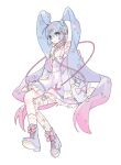  1girl alternate_costume arms_at_sides belt_buckle blue_eyes blue_hair blue_theme breasts buckle cable choker closed_mouth crescent crescent_hair_ornament crescent_pin cross-laced_footwear crossed_legs decora digital_stars digital_stars_miku digital_stars_miku_(2021) expressionless fishnet_legwear fishnets food-themed_hair_ornament footwear_ribbon frilled_skirt frills full_body garter_straps gradient_hair hair_between_eyes hair_ornament hairclip hatsune_miku headphones high-waist_skirt holographic_clothing iridescent jacket long_hair looking_at_viewer multicolored_clothes multicolored_hair multicolored_skirt no_nose no_pupils pale_color pale_skin pastel_colors pink_choker pink_hair pink_ribbon pink_theme purple_footwear ribbon shoes sideways_glance simple_background single_fishnet_legwear single_sock single_thighhigh skirt small_breasts sneakers socks solo spring_onion spring_onion_hair_ornament star_(symbol) star_hair_ornament star_pin suspender_skirt suspenders thighhighs twintails u_emper underbust unworn_jacket very_long_hair vocaloid white_background white_legwear yume_kawaii zettai_ryouiki 