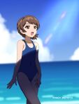  1girl :d artist_name bangs blue_sky blue_swimsuit blurry blurry_background brown_eyes brown_hair cloud cloudy_sky dated day girls_und_panzer hand_on_own_thigh highres horizon kawanishi_shinobu looking_to_the_side naotosi ocean one-piece_swimsuit open_mouth outdoors school_swimsuit shade shadow short_hair short_ponytail sky smile solo standing swept_bangs swimsuit water 