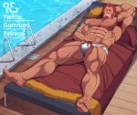  1boy abs absurdres armpit_hair armpits bara bare_pectorals beard biceps bulge cape cape_removed chest_hair closed_mouth facial_hair fate/zero fate_(series) feet full_body fur-trimmed_cape fur_trim grin highres iskandar_(fate) large_pectorals lying male_focus male_pubic_hair male_swimwear mature_male muscular muscular_male navel_hair nipples old old_man on_back pectorals pool pubic_hair red_cape red_hair reward_available ryans scar scar_on_arm scar_on_chest scar_on_leg short_hair smile solo spread_legs stomach swim_briefs thick_thighs thighs veins white_male_swimwear wrinkled_skin 