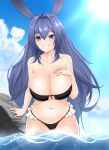  1girl azur_lane bangs bare_arms bare_shoulders bikini black_bikini blue_eyes blue_hair blush breasts cleavage collarbone cowboy_shot crossed_bangs eyebrows_visible_through_hair grin hand_on_own_chest highres in_water large_breasts long_hair navel new_jersey_(azur_lane) outdoors parted_lips shiny shiny_hair smile solo sunlight swimsuit thigh_gap vik_(xypt7474) water 