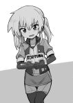  1girl absurdres character_request copyright_request crossed_arms fang greyscale highres monochrome okayu_(deleted) simple_background skin_fang solo twintails 