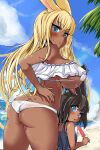  2girls :o animal_ears ass beach bikini black_hair blonde_hair blue_eyes blue_swimsuit blush breasts dark_skin final_fantasy final_fantasy_xiv fingernails food frills from_behind hand_on_hip highres holding large_breasts long_fingernails long_hair looking_at_viewer looking_back micro_bikini multiple_girls ocean one-piece_swimsuit open_mouth popsicle rabbit_ears rabbit_girl short_hair sirachi smile sweat swimsuit thighs very_long_hair viera white_swimsuit 