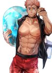  1boy abs bag bara black_choker brown_eyes choker facial_mark highres holding holding_bag holding_innertube innertube itadori_yuuji jujutsu_kaisen large_pectorals looking_at_viewer male_focus male_swimwear muscular muscular_male navel nipples pectorals pink_hair piyopipi_yu red_male_swimwear scar scar_on_arm scar_on_chest scar_on_face scar_on_mouth smile solo undercut 