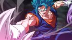  2boys battle blue_eyes blue_hair dougi dragon_ball dragon_ball_super earrings fused_zamasu gloves jewelry male_focus multiple_boys muscular muscular_male open_mouth potara_earrings rom_(20) sash spiked_hair vegetto white_gloves white_hair 