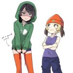  2girls black_hair bleeding blonde_hair blood blush brown_eyes brown_hair character_request crying crying_with_eyes_open denim english_text genderswap genderswap_(mtf) green_eyes highres himuhino hood hoodie humanization jeans multiple_girls pants parappa parappa_the_rapper shorts tank_top tears thighhighs twintails woollen_cap 