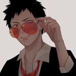  1boy adjusting_eyewear aviator_sunglasses black_hair black_jacket collarbone collared_shirt datomato highres jacket looking_to_the_side male_focus naruto_(series) naruto_shippuuden necktie parted_lips portrait red_neckwear rinnegan scar scar_on_face sharingan shirt short_hair sleeves_folded_up smirk solo spiked_hair sunglasses uchiha_obito white_shirt 