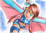 1girl :d bangs blue_background blue_eyes blue_jacket blue_shorts brown_hair commentary cropped_jacket eyebrows_visible_through_hair hair_ornament highres jacket midriff navel oka_mochi one_side_up open_mouth outstretched_arms pokemon pokemon_(game) pokemon_bw short_hair_with_long_locks short_shorts shorts sidelocks skyla_(pokemon) smile solo thigh_pouch tied_hair tongue traditional_media upper_teeth 