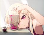  1girl armpits blonde_hair closed_mouth cup drinking_glass glass highres ink long_hair nishino_eri original pink_eyes solo upper_body water 