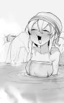  1girl absurdres blush collarbone drooling gloves hairband highres horns kirin_(armor) monster_hunter_(series) naked_towel niwarhythm onsen open_mouth partially_submerged single_horn solo steam towel water_spring wet 