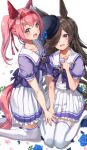  2girls :d animal_ears bangs black_headwear blue_flower blue_rose blush bow bowtie brown_hair commentary_request ear_covers eyebrows_visible_through_hair flower frilled_skirt frills hair_intakes hair_over_one_eye hand_on_another&#039;s_thigh hand_on_own_chest hand_on_own_thigh hand_up haru_urara_(umamusume) hat hat_flower headband highres horse_ears horse_girl horse_tail horseshoe_ornament kneeling long_hair looking_at_viewer multiple_girls open_mouth pink_hair pleated_skirt puffy_short_sleeves puffy_sleeves purple_bow purple_eyes purple_shirt red_headband rice_shower_(umamusume) rose school_uniform shirt short_sleeves simple_background sitting skirt smile tail thighhighs tracen_school_uniform umamusume wariza white_background white_legwear white_skirt yu_ni_t 