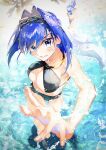  1girl bikini black_bikini blue_hair breasts chain cleavage full_body grin hair_intakes headband highres holding holding_water_gun hololive hololive_english iris_(tb33064667) large_breasts looking_at_viewer o-ring o-ring_top ouro_kronii short_hair smile solo swimsuit veil virtual_youtuber water water_gun 