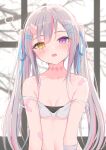  1girl :o bandaged_arm bandages bandaid bandaid_on_arm bandaid_on_shoulder bangs blue_ribbon blush bra breasts cleavage collarbone eyebrows_visible_through_hair fang hair_ornament hair_ribbon hairclip heartsix heterochromia highres horns indoors long_hair looking_at_viewer multicolored_hair navel open_mouth original pink_hair purple_eyes ribbon scar scar_across_eye silver_hair single_horn skin-covered_horns sleepy slit_pupils small_breasts solo strap_slip streaked_hair two-tone_hair underwear underwear_only upper_body upper_teeth very_long_hair white_bra window yellow_eyes 