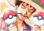  1boy :d bangs brock_(pokemon) brown_hair closed_eyes collarbone commentary facial_hair hat highres holding holding_maracas instrument male_focus maracas mustache oka_mochi open_mouth poke_ball_print pokemon pokemon_(anime) pokemon_(classic_anime) short_hair smile solo tongue traditional_media upper_body yellow_background 