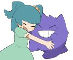  1girl :d bangs blunt_bangs blush_stickers closed_eyes commentary_request dress from_side green_dress green_hair grin open_mouth pokemon pokemon_(anime) pokemon_(creature) poketoon saturday_(hokawazu) shoko_(pokemon) short_sleeves simple_background smile tearing_up teeth tied_hair white_background 