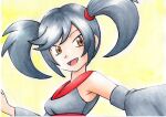  1girl :d bangs bare_shoulders brown_eyes commentary_request detached_sleeves dress furisode_girl_kali grey_dress grey_hair hair_tie highres looking_down oka_mochi open_mouth pokemon pokemon_(game) pokemon_xy smile solo tied_hair tongue traditional_media twintails yellow_background 