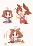  2girls :d ahoge animal_ears blush brown_hair chibi closed_eyes commentary_request cup disposable_cup food hanomido heart high_ponytail highres holding holding_cup horse_ears horse_girl horse_tail jacket long_hair meisho_doto_(umamusume) multicolored multicolored_clothes multicolored_hair multicolored_jacket multiple_girls open_mouth purple_eyes school_uniform short_hair smile streaked_hair striped tail tokai_teio_(umamusume) tracen_school_uniform translation_request two-tone_hair two-tone_jacket umamusume white_hair 