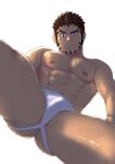  1boy abs absurdres akashi_(live_a_hero) ass bara bulge dotsu_(wtnbkwiyd) facial_hair feet_out_of_frame goatee highres jockstrap leg_hair live_a_hero long_sideburns looking_at_viewer male_focus male_underwear mature_male muscular muscular_male nipples pectorals scar scar_on_face scar_on_nose shiny shiny_skin short_hair sideburns solo spread_legs stomach thick_thighs thighs underwear underwear_only white_background white_male_underwear 