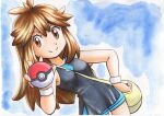  1girl bag bangs between_breasts black_dress blue_background blue_shorts breasts brown_eyes brown_hair closed_mouth commentary_request dress eyelashes green_(pokemon) hair_flaps hand_on_hip hand_up highres holding holding_poke_ball long_hair messenger_bag oka_mochi poke_ball poke_ball_(basic) pokemon pokemon_(game) pokemon_lgpe short_dress shorts shoulder_bag sidelocks sleeveless sleeveless_dress smile solo split_mouth strap_between_breasts traditional_media white_wristband wristband yellow_bag 