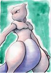  closed_mouth commentary_request from_below frown green_background grey_eyes highres legendary_pokemon looking_to_the_side mewtwo oka_mochi pokemon pokemon_(creature) solo traditional_media 