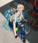  1girl alternate_costume annin_musou bare_legs barefoot bikini blonde_hair blush brown_eyes collarbone food fruit ground_vehicle hair_between_eyes innertube kantai_collection long_hair motor_vehicle open_mouth rensouhou-chan sandals shimakaze_(kancolle) short_sleeves smile swimsuit watermelon white_bikini 