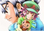  1boy 1girl alain_(pokemon) bangs black_hair blue_eyes blue_scarf brown_eyes chespin closed_mouth commentary_request eyebrows_visible_through_hair eyelashes frown green_headwear hat highres holding holding_pokemon mairin_(pokemon) oka_mochi parted_lips pokemon pokemon_(anime) pokemon_(creature) pokemon_xy_(anime) purple_hair scarf short_hair smile split_mouth traditional_media white_background yellow_scarf 