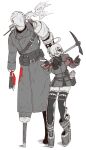  1boy 1girl ahoge armor asymmetrical_arms axe blood blood_on_clothes blood_on_weapon blood_splatter breasts crutch cyborg eyebrows father_and_daughter gas_mask gloves greyscale hair_over_one_eye helmet highres holding holding_weapon indie_virtual_youtuber jacket jinzou_(homunculus_no_jinzou) knight large_breasts limited_palette mask mechanical_arms military_jacket monochrome parent_and_child pauldrons peg_leg pickaxe pocket pointing puffy_sleeves red_gloves scratches shoulder_armor single_pauldron spot_color steam steampunk thighhighs thighs v_no_name_(vtuber) virtual_youtuber weapon weeds white_background zyugoya 