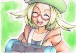  1girl :d beret bianca_(pokemon) blonde_hair bow closed_eyes collarbone commentary_request eyelashes glasses green_background green_headwear hat hat_bow highres hood hooded_jacket jacket oka_mochi open_clothes open_jacket open_mouth orange_jacket poke_ball poke_ball_(basic) pokemon pokemon_(game) pokemon_bw2 red-framed_eyewear semi-rimless_eyewear short_hair smile solo tongue traditional_media upper_body upper_teeth white_bow 