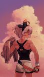  1girl 2049_(hh5566) bangs bea_(pokemon) black_bodysuit black_hairband bodysuit bodysuit_under_clothes bow_hairband cloud commentary_request dynamax_band from_behind gloves grey_hair hairband hand_up holding holding_clothes holding_jacket holding_poke_ball jacket leaves_in_wind looking_to_the_side outdoors parted_lips partially_fingerless_gloves poke_ball pokemon pokemon_(game) pokemon_swsh print_shirt shirt short_hair shorts sky solo wet 