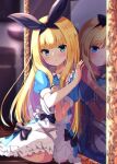  1girl apron baram black_bow black_ribbon blonde_hair blue_dress blue_eyes blurry blurry_background bow closed_mouth commentary_request depth_of_field different_reflection dress frilled_apron frills green_eyes hair_bow hair_ribbon hand_up highres indoors long_hair mirror mononobe_alice nijisanji parted_lips puffy_short_sleeves puffy_sleeves reflection ribbon short_sleeves very_long_hair virtual_youtuber white_apron 