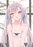  1girl :o bandaged_arm bandages bandaid bandaid_on_arm bandaid_on_shoulder bangs blue_ribbon blush bra breasts cleavage collarbone eyebrows_visible_through_hair fang hair_ornament hair_ribbon hairclip heartsix heterochromia highres horns indoors long_hair looking_at_viewer multicolored_hair navel open_mouth original pink_hair purple_eyes ribbon scar scar_across_eye silver_hair single_horn skin-covered_horns slit_pupils small_breasts solo strap_slip streaked_hair two-tone_hair underwear underwear_only upper_body upper_teeth very_long_hair white_bra window yellow_eyes 