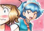  2girls :d bangs blonde_hair blue_eyes blue_hair blush closed_mouth commentary_request embarrassed eyebrows_visible_through_hair eyelashes headdress highres looking_at_another miette_(pokemon) multiple_girls oka_mochi open_mouth orange_neckwear pink_background pokemon pokemon_(anime) pokemon_xy_(anime) red_eyes serena_(pokemon) shiny shiny_hair shirt short_hair smile tongue traditional_media upper_body wavy_mouth 