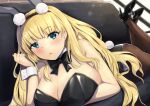  1girl animal_ears ass azur_lane bare_shoulders black_leotard blonde_hair blue_eyes bow bowtie breasts cleavage couch cuff_links detached_collar eyebrows_visible_through_hair fake_animal_ears fake_tail full_body high_heels highres huge_breasts indoors leotard long_hair looking_at_viewer lying nori_aji north_carolina_(azur_lane) north_carolina_(the_heart&#039;s_desire)_(azur_lane) official_alternate_costume on_couch on_stomach pantyhose playboy_bunny rabbit_ears rabbit_tail solo strapless strapless_leotard tail very_long_hair wrist_cuffs 