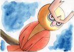  alternate_color beak bird blue_background closed_mouth commentary_request highres looking_back no_humans noctowl oka_mochi orange_eyes owl pokemon pokemon_(creature) shiny_pokemon solo traditional_media 