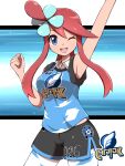  1girl ;d absurdres alternate_costume arm_up armpits bangs bare_arms blue_eyes breasts collared_shirt commentary_request eyelashes hair_ornament hand_up highres large_breasts looking_at_viewer one_eye_closed one_side_up open_mouth pantyhose pokemon pokemon_(game) pokemon_bw red_hair shabana_may shirt short_hair_with_long_locks shorts side_slit side_slit_shorts sidelocks skyla_(pokemon) sleeveless smile solo tied_hair tongue upper_teeth white_legwear 