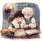  2boys albus_severus_potter amazou black_hair blonde_hair blue_eyes book chair green_eyes harry_potter harry_potter:_the_cursed_child hogwarts_school_uniform holding_quill ink_bottle inkwell multiple_boys necktie open_book quill school_uniform scorpius_malfoy slytherin smile striped striped_neckwear vest writing 