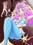  2girls :d arm_up bangle bangs bikini blue_bikini blue_eyes blush bracelet character_request commentary_request cosplay hand_up highres holding holding_microphone jewelry kururun_(precure) kururun_(precure)_(cosplay) laura_(precure) long_hair looking_at_viewer mameshiba mermaid microphone monster_girl multiple_girls natsuumi_manatsu navel open_mouth precure purple_hair smile solo_focus standing starfish swimsuit thick_eyebrows tropical-rouge!_precure upper_teeth 