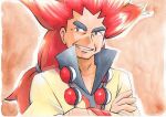  1boy alder_(pokemon) arm_hair brown_background collarbone commentary_request crossed_arms facial_hair grey_eyes hair_tie jewelry long_hair male_focus multicolored_hair necklace oka_mochi orange_hair parted_lips poke_ball pokemon pokemon_(game) pokemon_bw poncho ponytail popped_collar red_hair smile solo spiked_hair tied_hair traditional_media two-tone_hair upper_body 