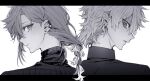  2boys bangs braid closed_mouth ear_piercing greyscale hair_between_eyes highres intertwined_hair kanae_(nijisanji) kuzuha_(nijisanji) letterboxed looking_at_viewer maki_keigo male_focus mole mole_under_eye monochrome multiple_boys nijisanji parted_lips piercing ponytail portrait ribbed_sweater simple_background sweater virtual_youtuber 