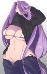  1girl bangs barlunn bikini bikini_under_clothes black_sweater blue_pants breasts cleavage clothes_lift denim fate/stay_night fate_(series) forehead glasses highres jeans large_breasts long_hair long_sleeves looking_at_viewer medusa_(fate) medusa_(rider)_(fate) mouth_hold navel pants parted_bangs purple_eyes purple_hair sidelocks sweat sweater sweater_lift swimsuit turtleneck turtleneck_sweater very_long_hair white_bikini 