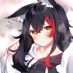  1girl :&lt; ^^^ animal_ear_fluff animal_ears bangs black_hair blush closed_mouth deany drawstring eyebrows_visible_through_hair highres hololive hood hood_down long_hair long_sleeves looking_at_viewer ookami_mio red_hair solo steam towel upper_body virtual_youtuber wet wet_hair wolf_ears yellow_eyes 