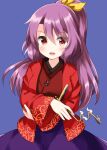  1girl blue_background blush bow eyebrows_visible_through_hair folding_fan hair_between_eyes hand_fan highres holding holding_pipe japanese_clothes kimono komakusa_sannyo long_hair long_sleeves one-hour_drawing_challenge open_mouth pipe ponytail purple_hair purple_skirt red_eyes red_kimono ruu_(tksymkw) skirt solo touhou yellow_bow 