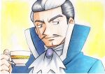  1boy blue_coat blue_eyes closed_mouth coat commentary_request cup facial_hair grey_hair hand_up high_collar highres holding holding_cup jabot juan_(pokemon) looking_to_the_side male_focus mustache oka_mochi pokemon pokemon_(game) pokemon_emerald pokemon_rse short_hair smile solo teacup traditional_media upper_body white_hair white_neckwear 