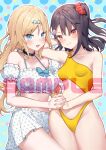  2girls bare_arms bare_shoulders bikini black_hair blonde_hair blue_background blue_bow blue_eyes blush bow breasts broken_heart closed_mouth commentary_request detached_sleeves hair_bow hair_ornament hair_scrunchie hairclip heart heart_hair_ornament holding_hands interlocked_fingers long_hair looking_at_viewer medium_breasts multiple_girls one_side_up original polka_dot polka_dot_bikini polka_dot_sleeves puffy_short_sleeves puffy_sleeves red_eyes red_scrunchie sample scrunchie short_sleeves small_breasts smile swimsuit tokuno_yuika very_long_hair white_bikini white_sleeves yellow_swimsuit 