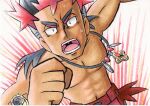  1boy abs bangs black_eyes black_hair clenched_hand commentary_request dark-skinned_male dark_skin furrowed_brow highres jewelry kiawe_(pokemon) looking_at_viewer male_focus multicolored_hair navel necklace oka_mochi open_mouth pokemon pokemon_(anime) pokemon_sm_(anime) red_hair red_shorts shirtless shorts solo sweat teeth toned toned_male tongue traditional_media watch wristwatch 