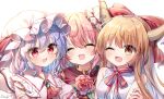  3girls artist_name ascot bangs bare_shoulders bat_wings blonde_hair blush bow bowtie breasts brown_eyes buttons closed_eyes collar collared_dress double_bun dress eyebrows_visible_through_hair eyes_visible_through_hair flower gem hair_between_eyes hand_on_another&#039;s_arm hands_up hat hat_ribbon highres horns ibaraki_kasen ibuki_suika jewelry leaf long_hair looking_at_another medium_breasts mob_cap multicolored multicolored_eyes multiple_girls one_eye_closed open_mouth pink_dress pink_eyes pink_flower pink_hair pink_nails pink_sleeves pudding_(skymint_028) puffy_short_sleeves puffy_sleeves purple_hair red_bow red_eyes red_neckwear red_ribbon red_vest remilia_scarlet ribbon shirt short_hair short_sleeves simple_background sleeveless sleeveless_shirt smile tabard touhou upper_body vest white_background white_headwear white_shirt wings yellow_eyes 