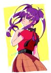  1girl artist_name bangs black_bow bow brown_skirt hand_up hmsj_yr_my kitty_zhang long_hair looking_at_viewer looking_back purple_hair red_shirt shirt sidelocks skirt solo standing taiso_samurai twintails upper_body yellow_background 