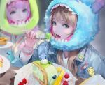  2girls alien_(toy_story) bangs blonde_hair blueberry blunt_bangs blurry blurry_background bm94199 cake character_hood cinnamoroll commentary denim denim_jacket depth_of_field eating english_commentary eyelashes food fork fruit fur green_eyes grin highres holding holding_fork jacket james_p._sullivan lanyard lilo_&amp;_stitch long_hair looking_at_another looking_to_the_side makeup michael_wazowski monsters_inc. multiple_girls my_melody open_mouth pineapple pink_eyes pink_hair pins pixar plate pompompurin sanrio scrunchie scrunchie_removed smile solo_focus stitch_(lilo_&amp;_stitch) strawberry teeth toy_story whipped_cream wrist_scrunchie 