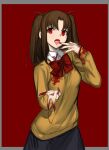  1girl :d bangs black_skirt blood blood_on_clothes blood_on_fingers blood_on_hands blood_splatter border bow bowtie breasts brown_hair collared_shirt cowboy_shot eyebrows_visible_through_hair finger_to_mouth grey_border head_tilt highres long_sleeves looking_at_viewer medium_breasts medium_hair open_mouth parted_bangs red_background red_eyes red_neckwear school_uniform shirt sidelocks simple_background sketch skirt smile solo standing sweater tetsu_(kimuchi) tsukihime tsukihime_(remake) two_side_up white_shirt wing_collar yellow_sweater yumizuka_satsuki 